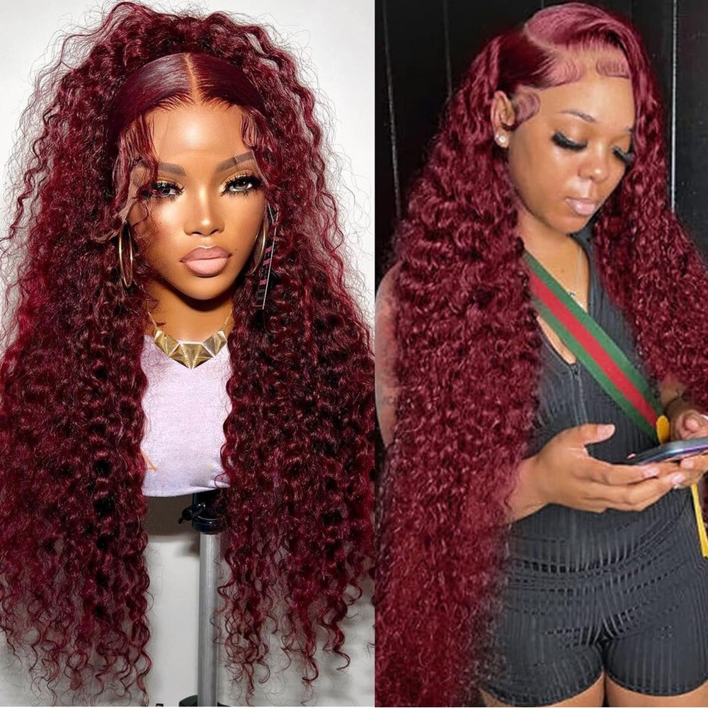 HUMAN HAIR Burgundy Deep Wave Lace Front Wig 13x4 HD Glueless 180% Density